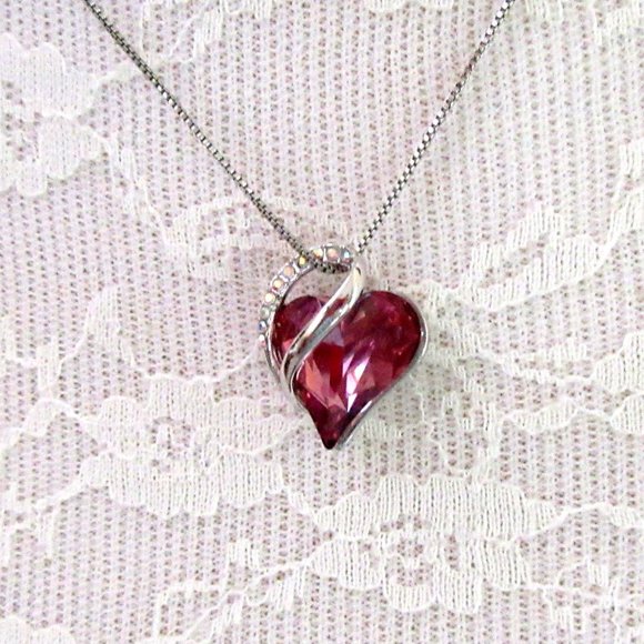 Silver & pink rhinestone heart pendant - Mother's Day - Picture 1 of 7